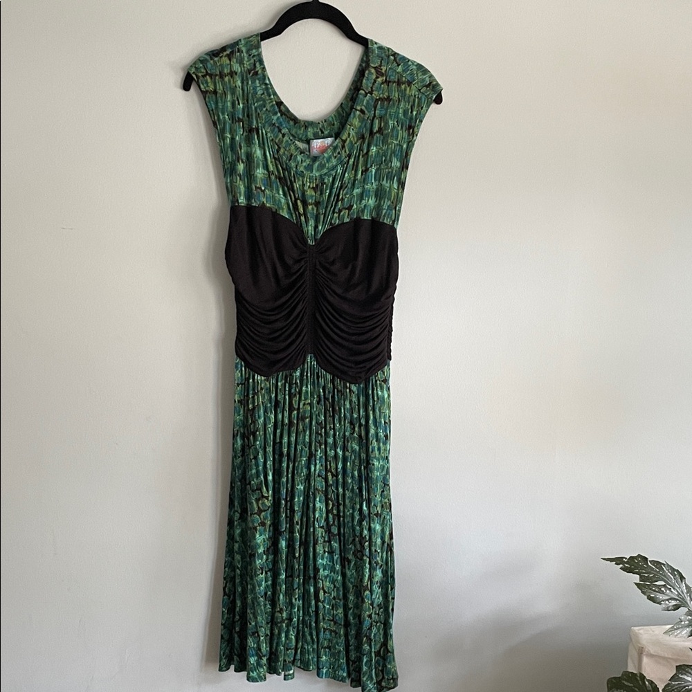 Plenty by Tracy Reese Green Patterned Midi Dress with Black Ruched Waist
